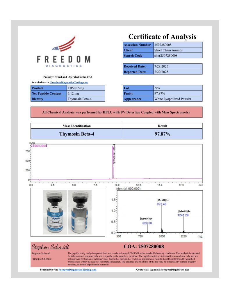 Thymosin Beta-4 (TB-500) research peptide vial with COA document showing purity data